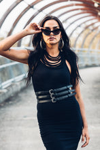 Load image into Gallery viewer, Black Leather Waist Belt [ Snake Print Leather Belt [ 3 Strap Belt