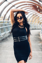 Load image into Gallery viewer, Black Leather Waist Belt [ Snake Print Leather Belt [ 3 Strap Belt