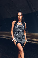 Load image into Gallery viewer, Nia Racer Dress [ Zebra Print Mini Dress { Silver Animal Print Dress