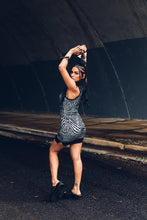 Load image into Gallery viewer, Nia Racer Dress [ Zebra Print Mini Dress { Silver Animal Print Dress