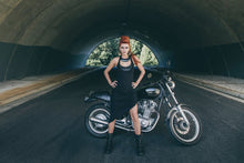 Load image into Gallery viewer, Black moon dress - Little black dress - Black dress with leather - Asymetrical dress