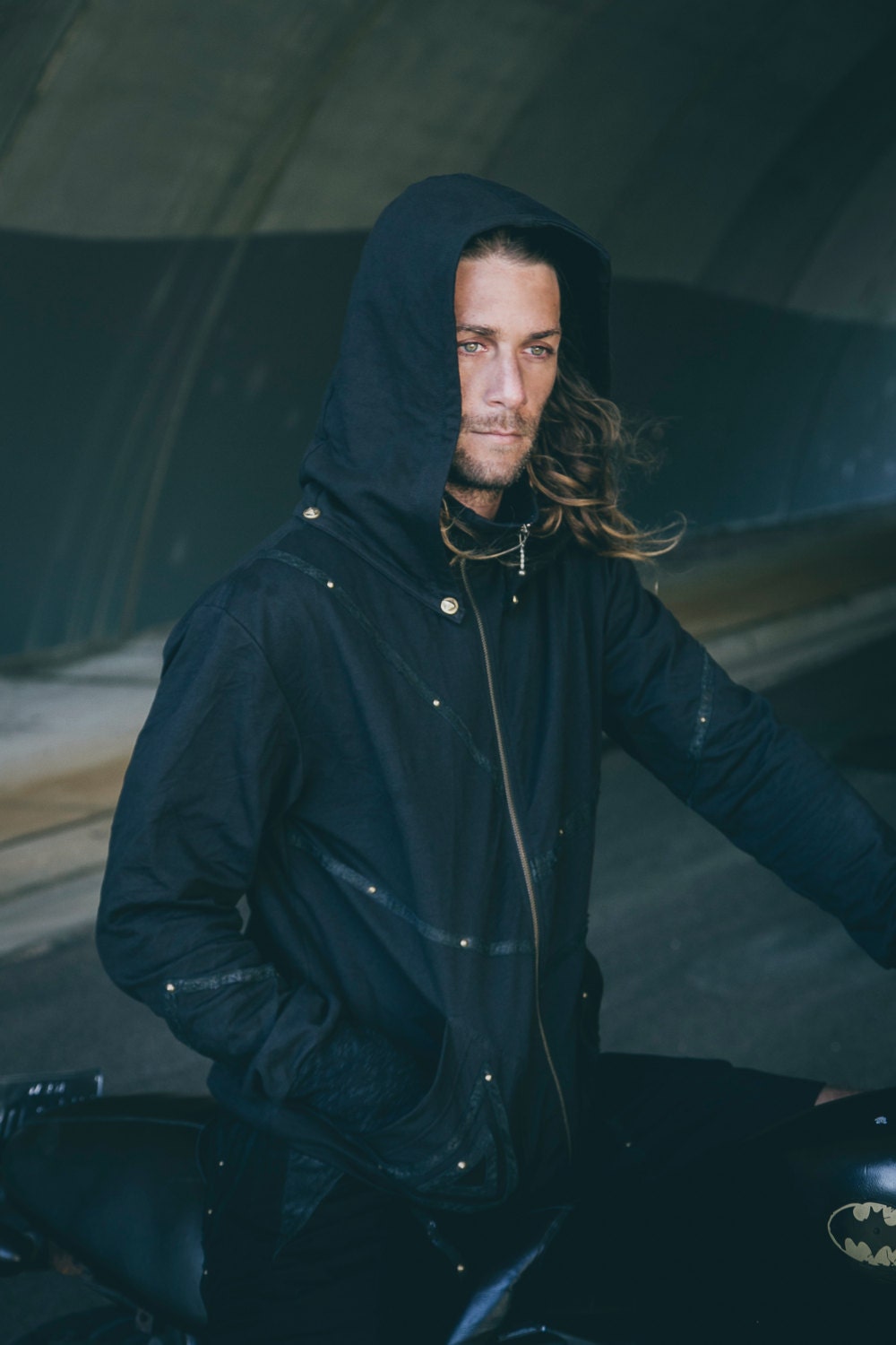 Osiris hoody - Pyramid hoody - Mens jumper - Mens hoody - Black hoody w leather detailing