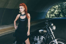 Load image into Gallery viewer, Black moon dress - Little black dress - Black dress with leather - Asymetrical dress