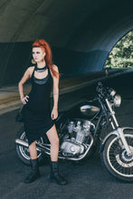 Load image into Gallery viewer, Black moon dress - Little black dress - Black dress with leather - Asymetrical dress