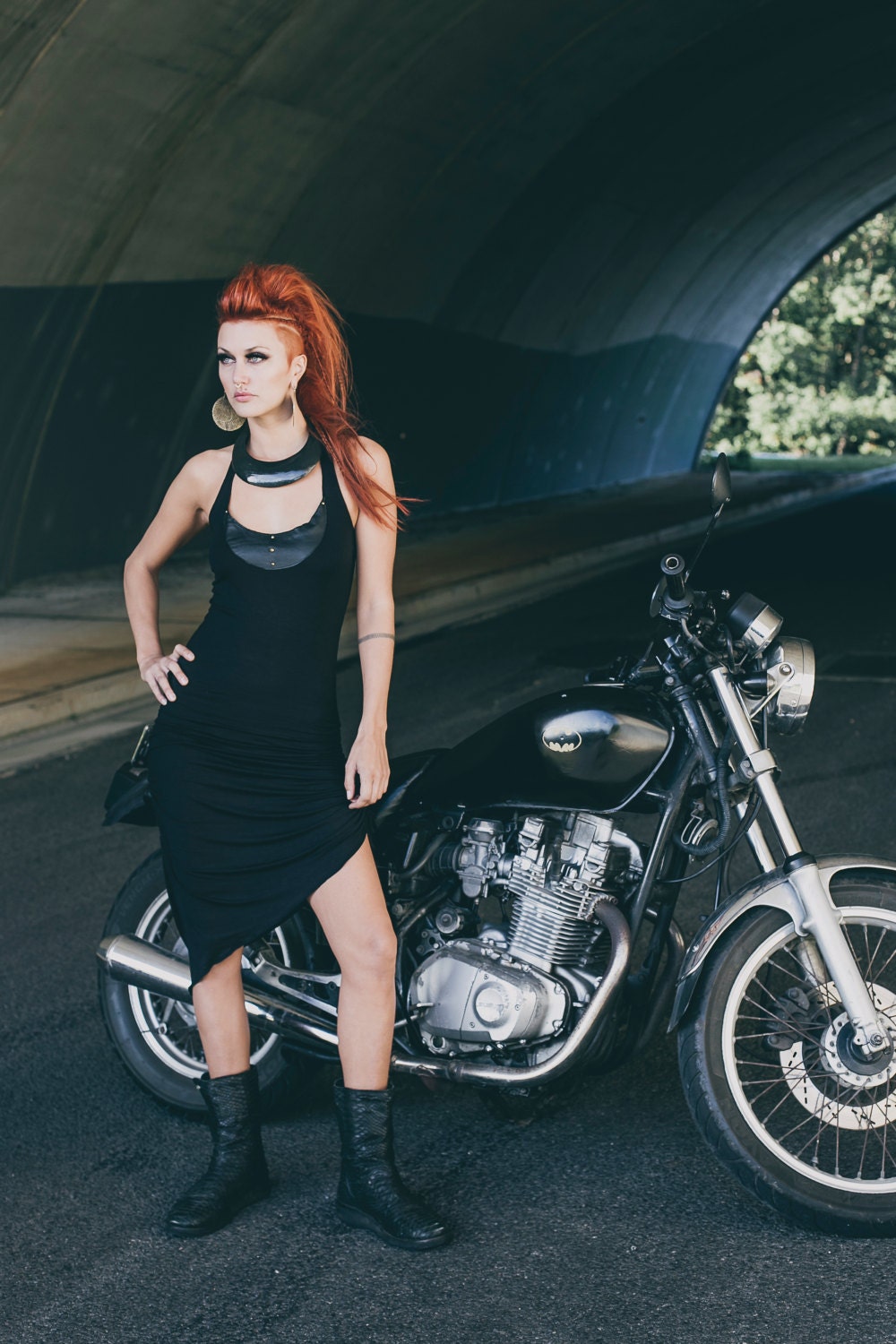 Black moon dress - Little black dress - Black dress with leather - Asymetrical dress
