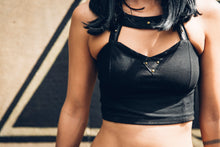Load image into Gallery viewer, Organic cotton crop top - Cotton and leather bra- Belly dance top- Bralette - Festival top - Crop top