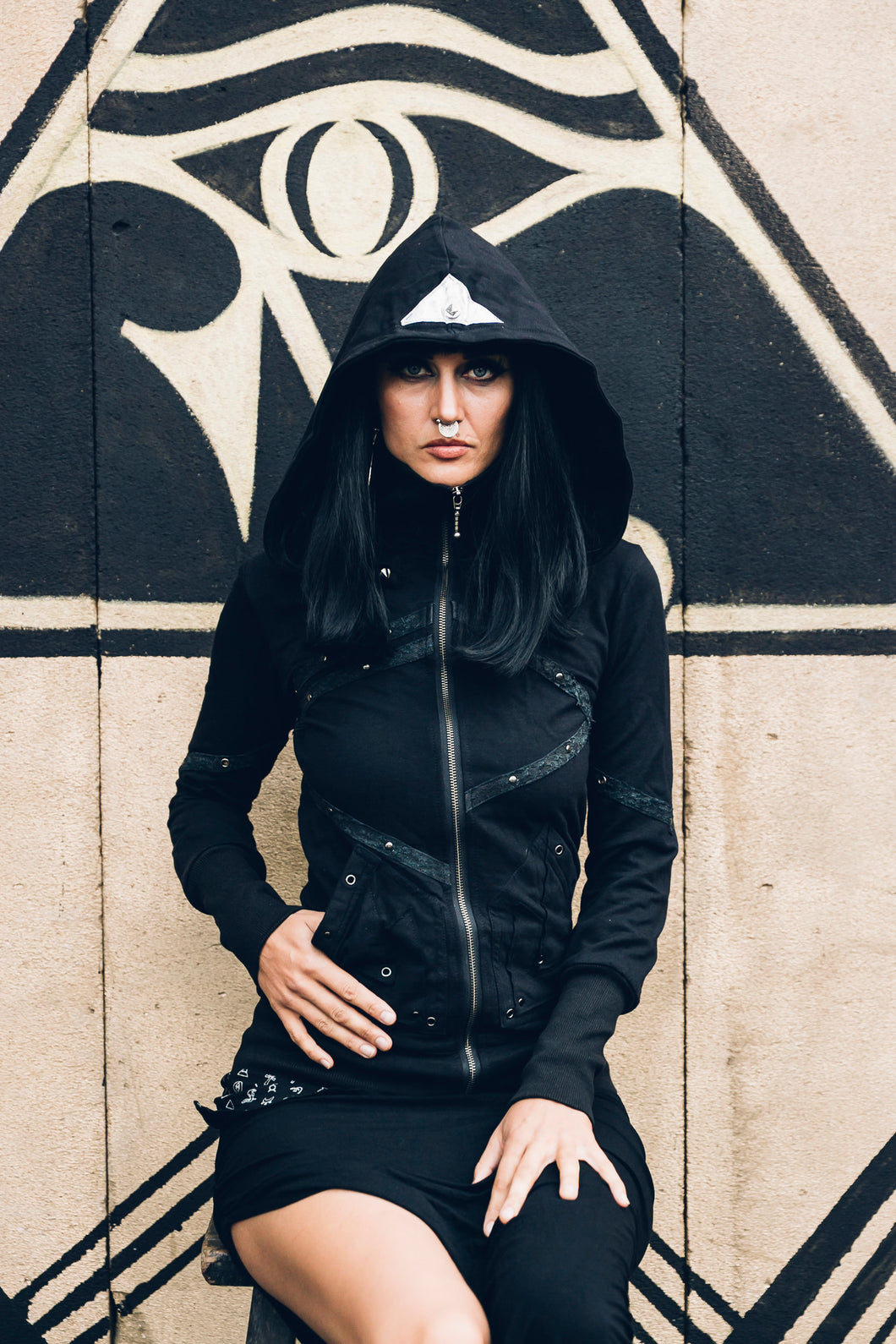 Isis pyramid hoody - Short womens hoody - Black hoody - Hoody with detatchable hood and leather detailing-Punk hoody- Priestess hoody