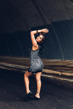 Load image into Gallery viewer, Nia Racer Dress [ Zebra Print Mini Dress { Silver Animal Print Dress