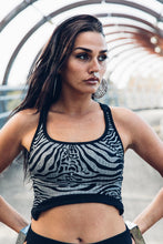 Load image into Gallery viewer, Aya Crop Top [ Silver Zebra Crop Top [ Organic cotton Crop Top [ Black Crop top with Zips and Ribbing