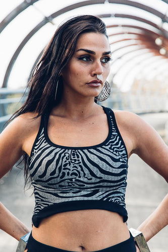 Aya Crop Top [ Silver Zebra Crop Top [ Organic cotton Crop Top [ Black Crop top with Zips and Ribbing