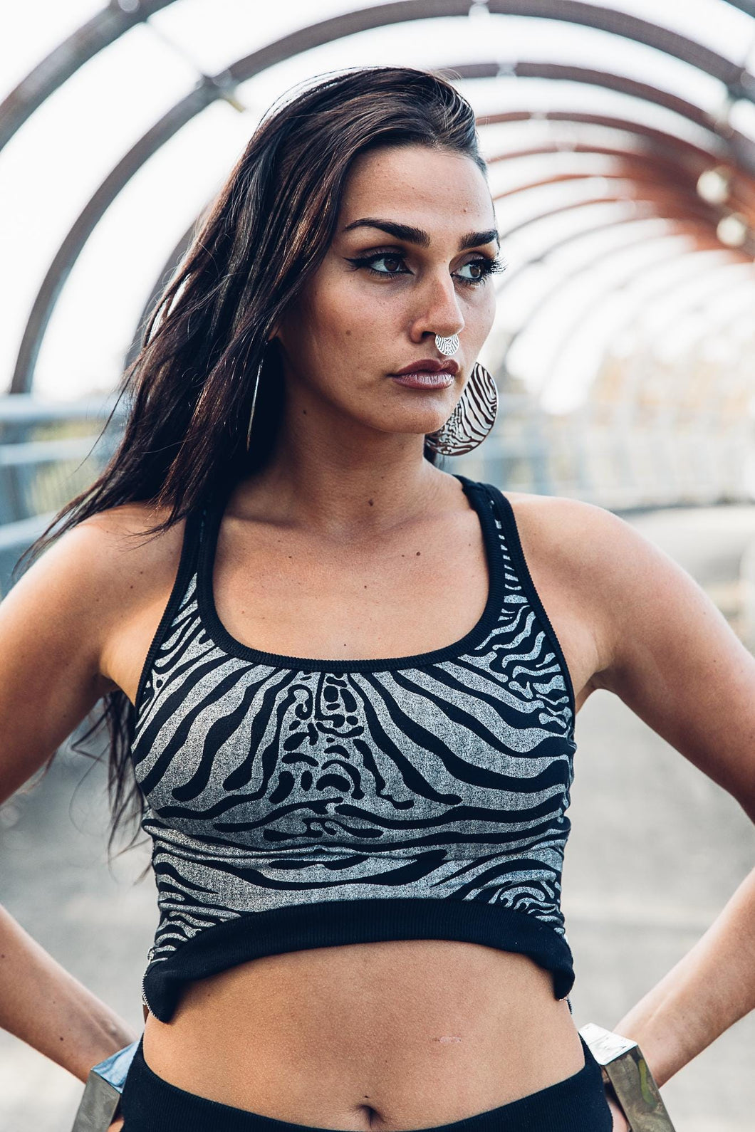 Aya Crop Top [ Silver Zebra Crop Top [ Organic cotton Crop Top [ Black Crop top with Zips and Ribbing