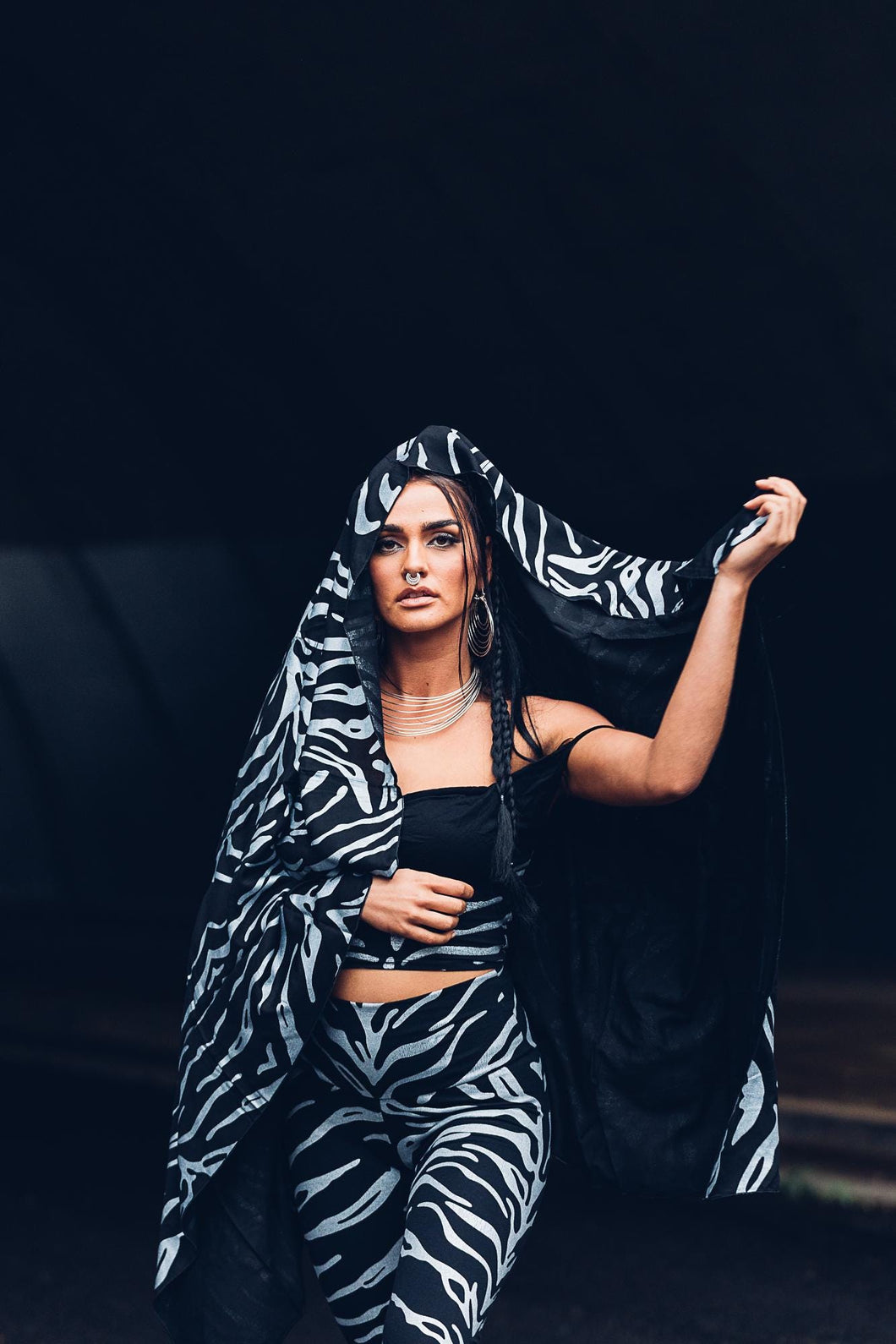 Silver Tiger Print Scarf [ Animal Print Scarf [ Black and Silver Scarf [ Rayon Scarf