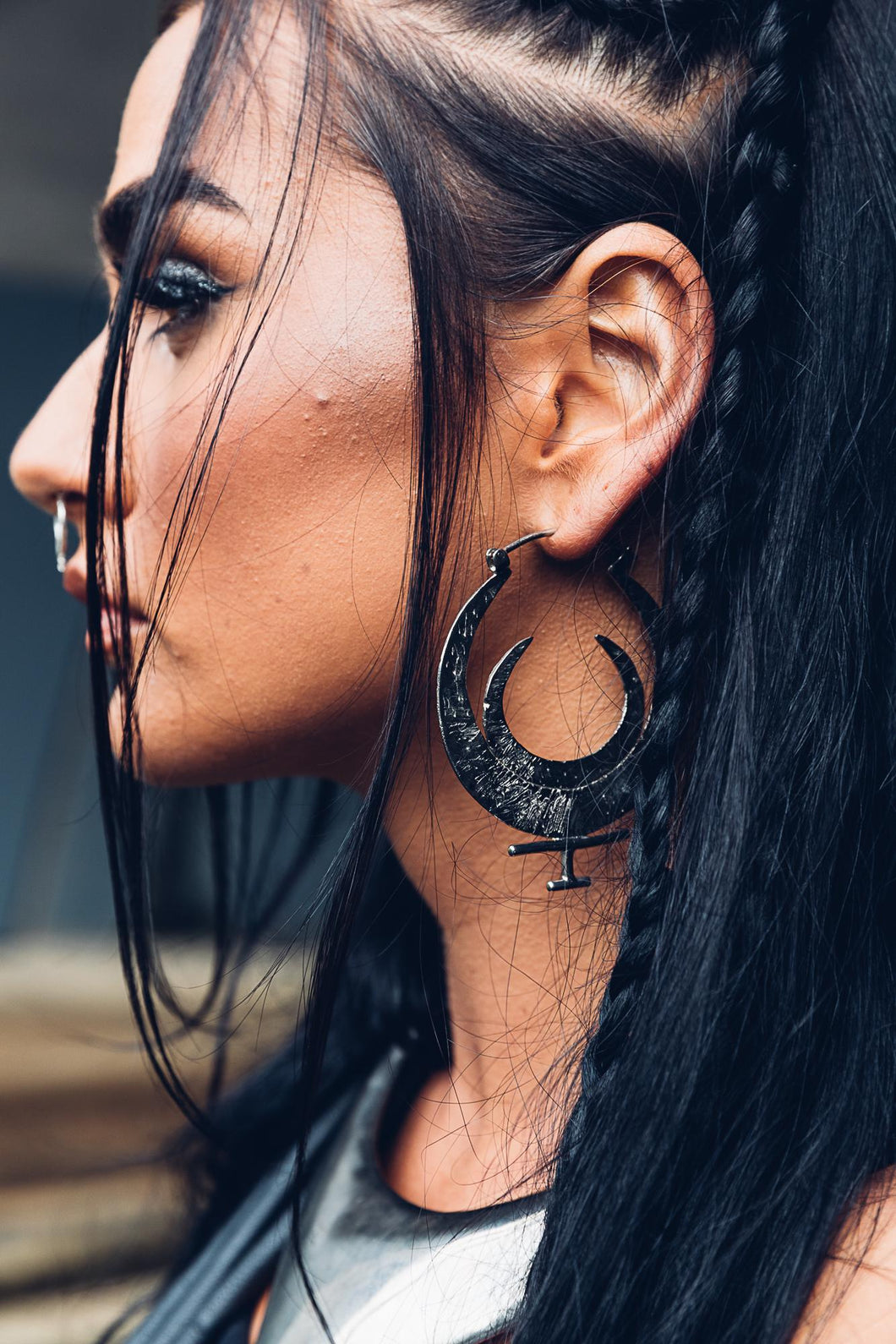 Blood Moon Silver Hoop [ Moon Hoop [ Silver Hoop { Hammered Hoop { Small Moon Hoop