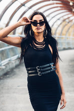 Load image into Gallery viewer, Black Leather Waist Belt [ Snake Print Leather Belt [ 3 Strap Belt