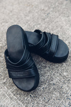 Load image into Gallery viewer, Womens Leather 3 strap Slide [ Flatforms [ Black leather flatform { Snake Print leather slide
