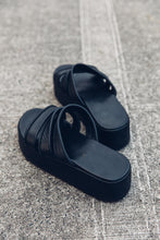 Load image into Gallery viewer, Womens Leather 3 strap Slide [ Flatforms [ Black leather flatform { Snake Print leather slide