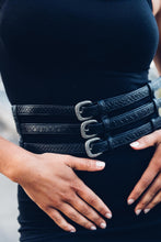 Load image into Gallery viewer, Black Leather Waist Belt [ Snake Print Leather Belt [ 3 Strap Belt
