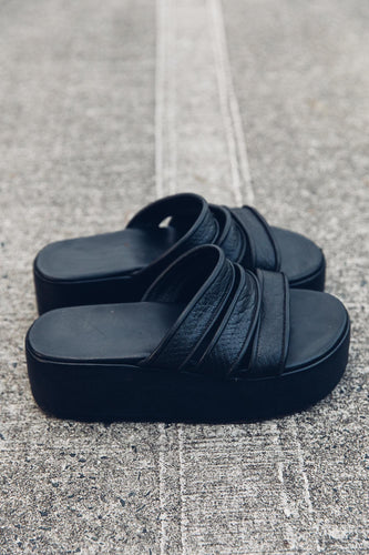 Womens Leather 3 strap Slide [ Flatforms [ Black leather flatform { Snake Print leather slide