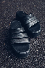Load image into Gallery viewer, Womens Leather 3 strap Slide [ Flatforms [ Black leather flatform { Snake Print leather slide