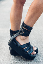 Load image into Gallery viewer, Black Leather Sandals [ Flatform Sandals [ Snake print leather sandals { Women&#39;s Sandals