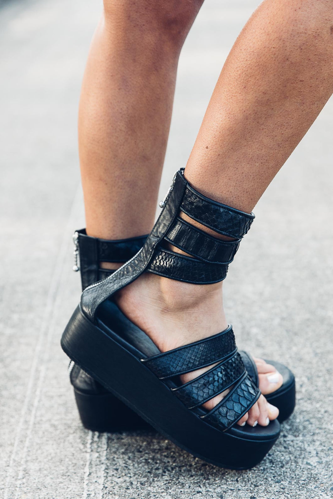 Black Leather Sandals [ Flatform Sandals [ Snake print leather sandals { Women's Sandals